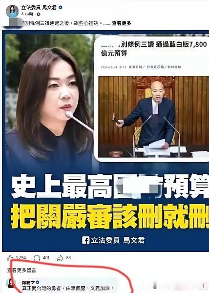 蓝委马文君喊出支持军购为“0”，这在岛内可是个大胆举动，郑丽文还跑去留言夸她是勇