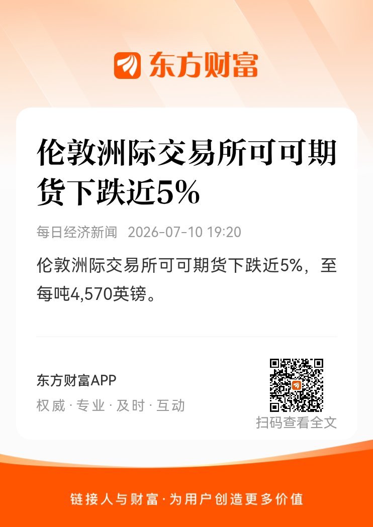 东方财富股票【伦敦洲际交易所可可期货下跌近5%】伦敦洲际交易所可可期货下跌近5%