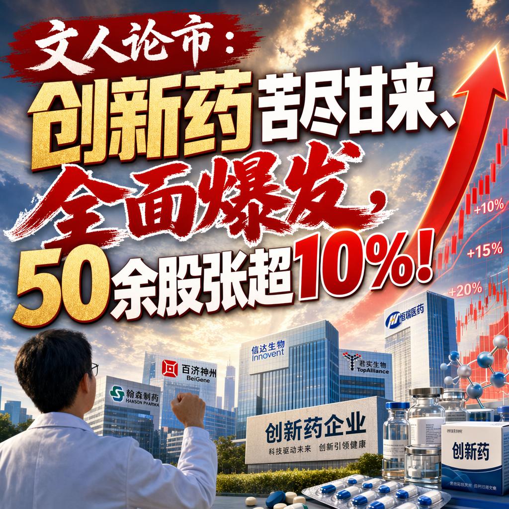 创新药苦尽甘来，全面爆发，50余股涨超10%！
很多人都说创新药是“扶不起的阿斗