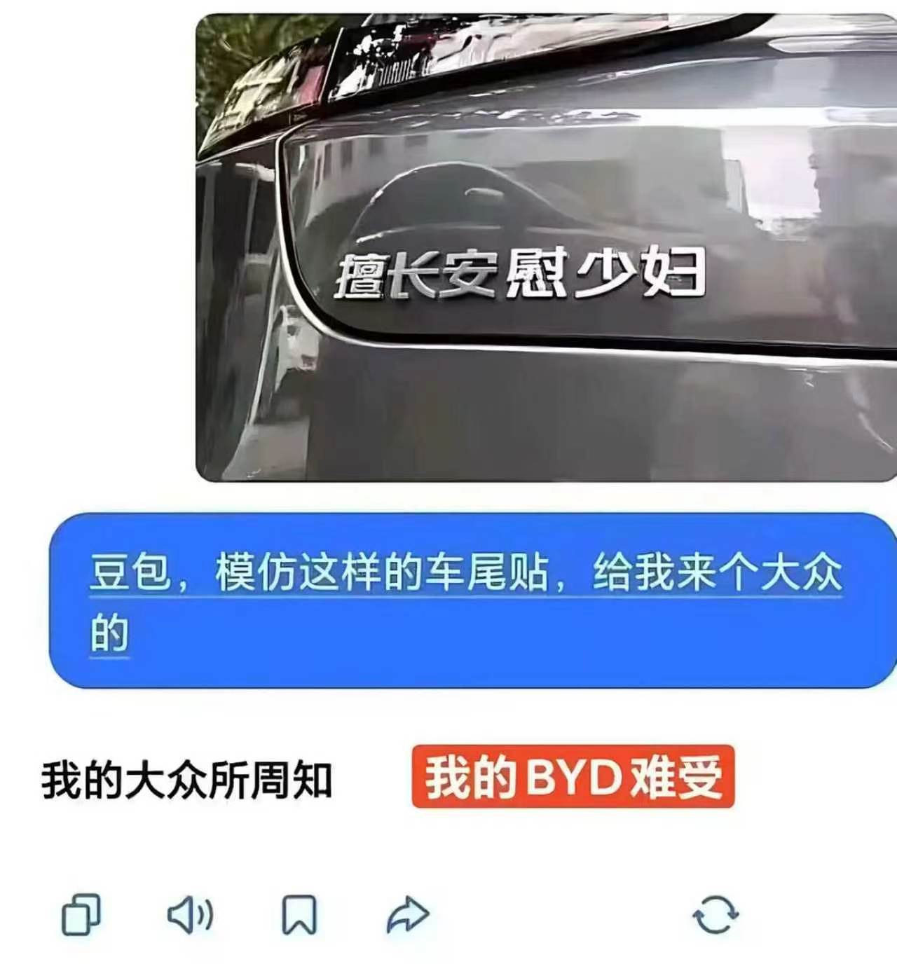 擅长安慰少妇我的大众所周知前两句还在能接受的范围内我的BYD难受这句就有点过分了