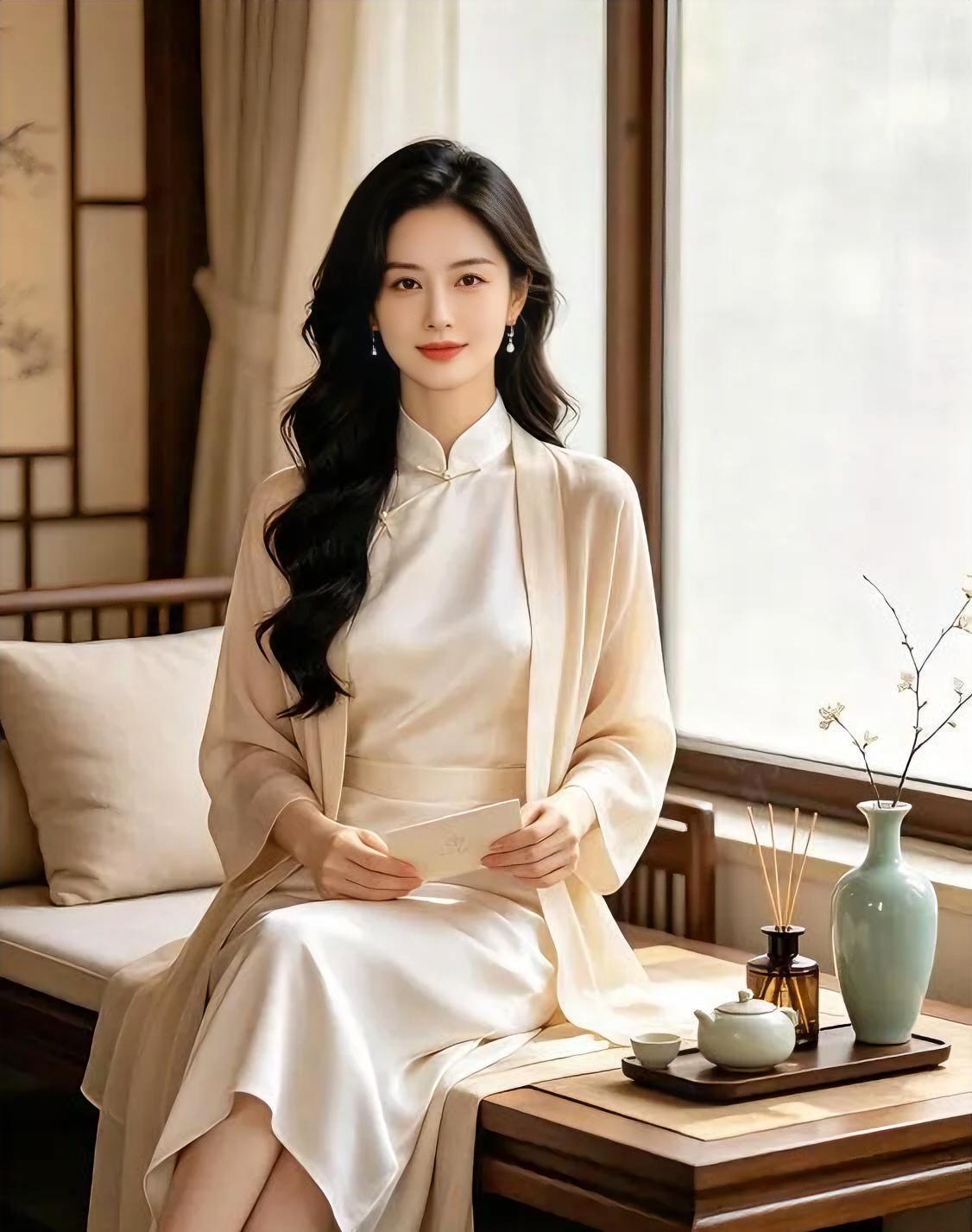 《窗畔茶烟》

米白立领，轻披一袭柔光，

长发微卷，垂落温婉时光。

素手轻握