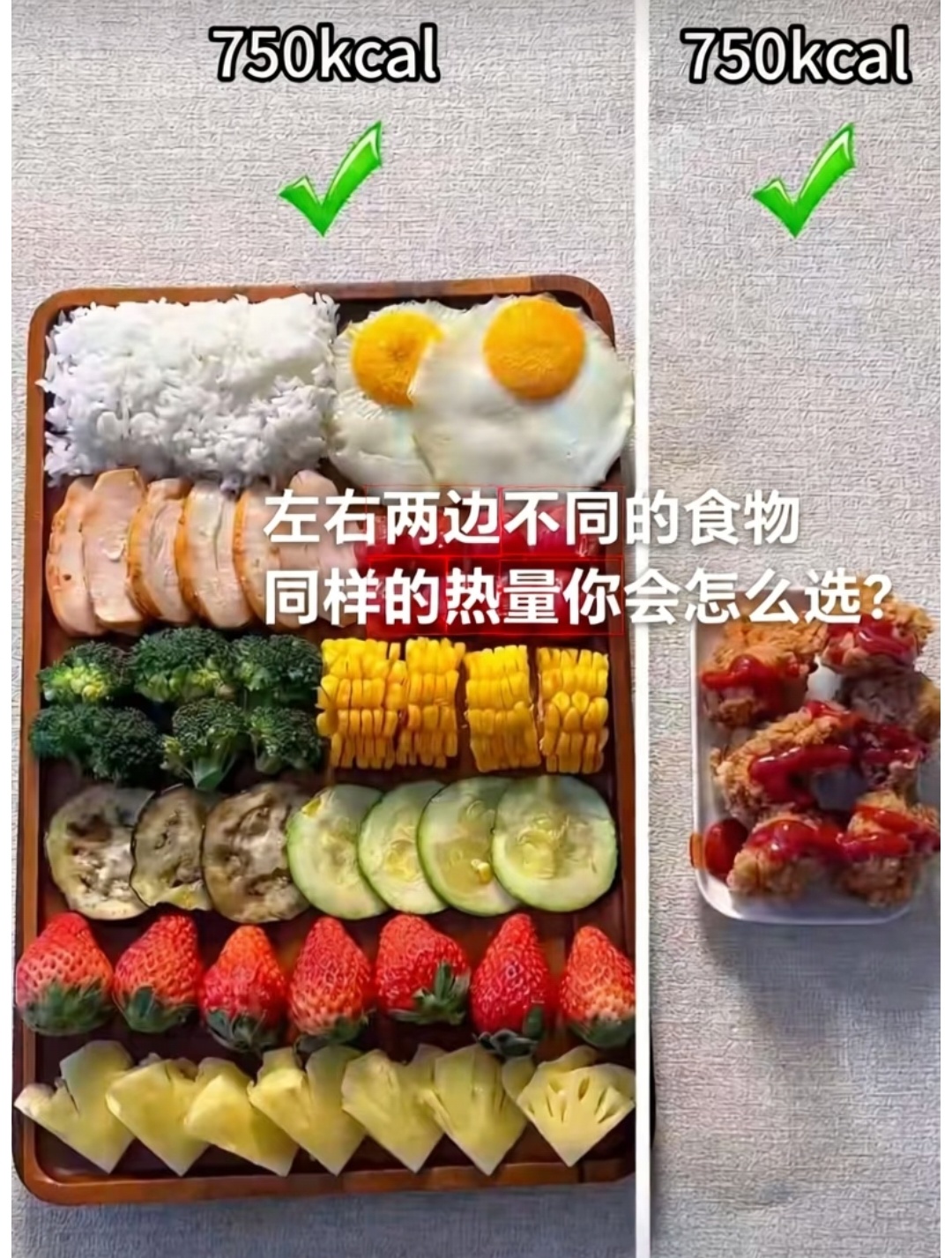 只需要吃几块炸鸡就能顶得上吃左边这么多东西，那还是选炸鸡好了。