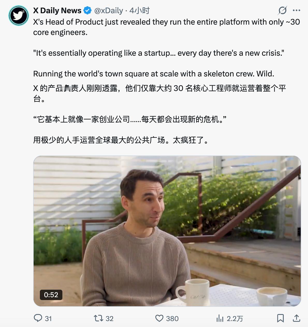 美国微博 X 的工程团队只有大概 30 个人。FYI