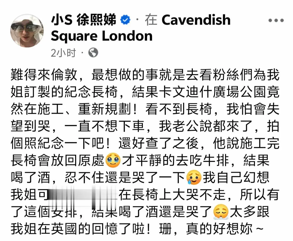 小s到伦敦看大s的纪念长椅。