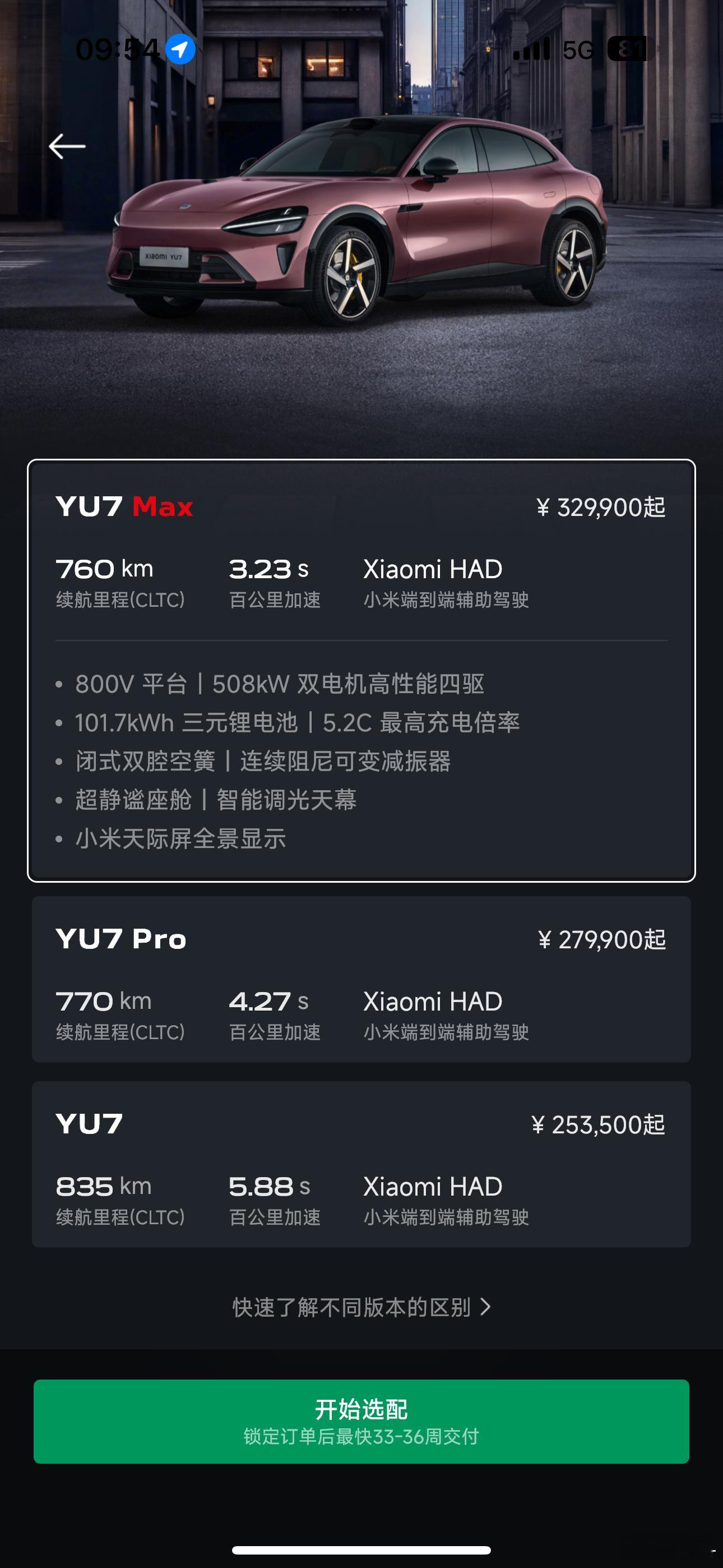如果你现在锁单一台小米YU7，意味着：Max版  33-36周交付Pro版  4
