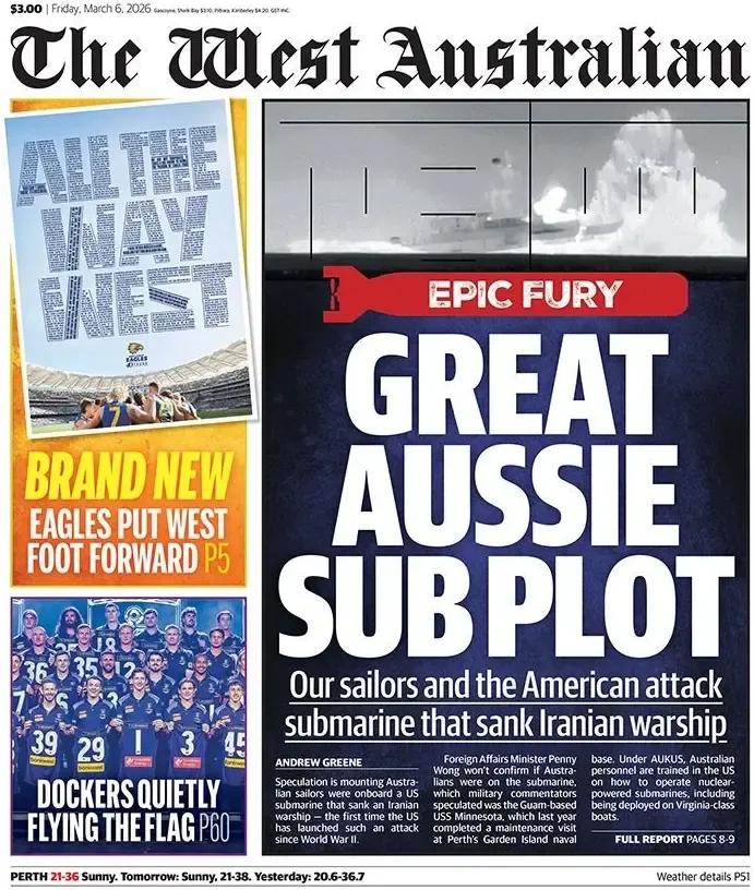 《西澳大利亚人报》头版报道称，伟大的澳大利亚潜艇情节 。
澳大利亚的水手在击沉伊