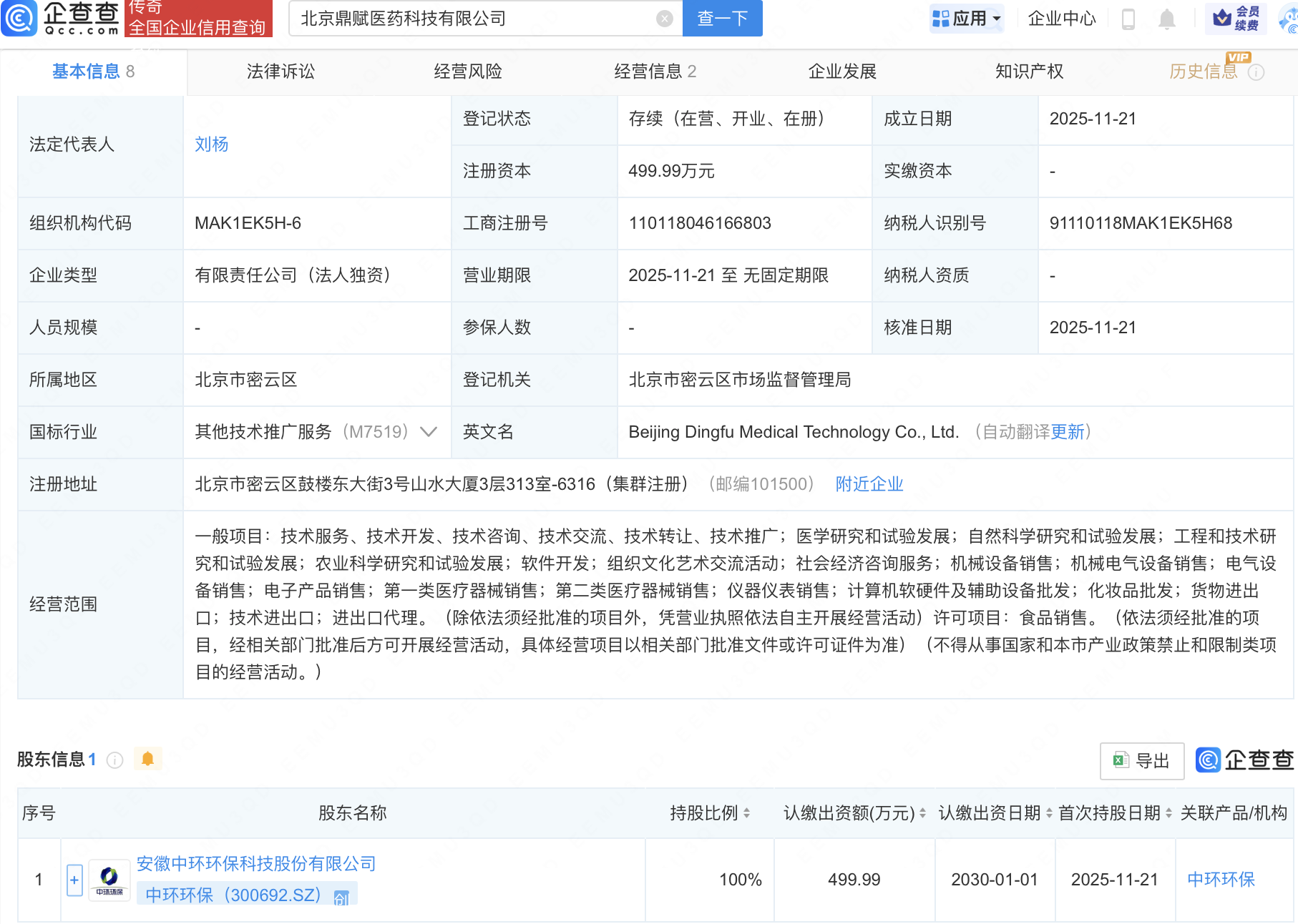 中环环保成立鼎赋医药科技公司