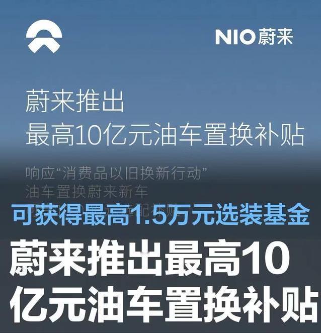 #蔚来推出最高10亿元油车置换补贴，可获得最高15000元选装基金#
4月1日，