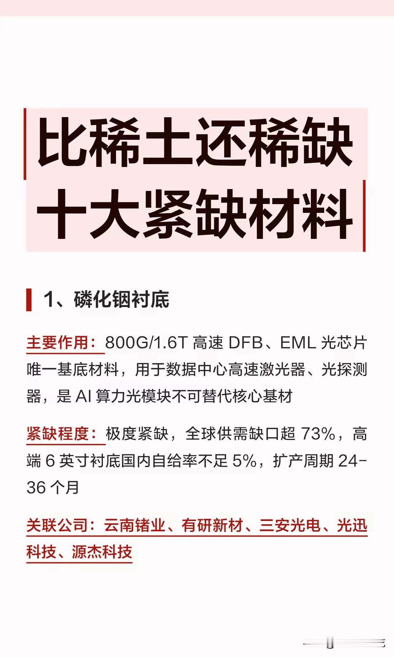 比稀土还稀缺十大紧缺材料比稀土还稀缺 光通信10大紧缺材料1、磷化铟衬底主要作用