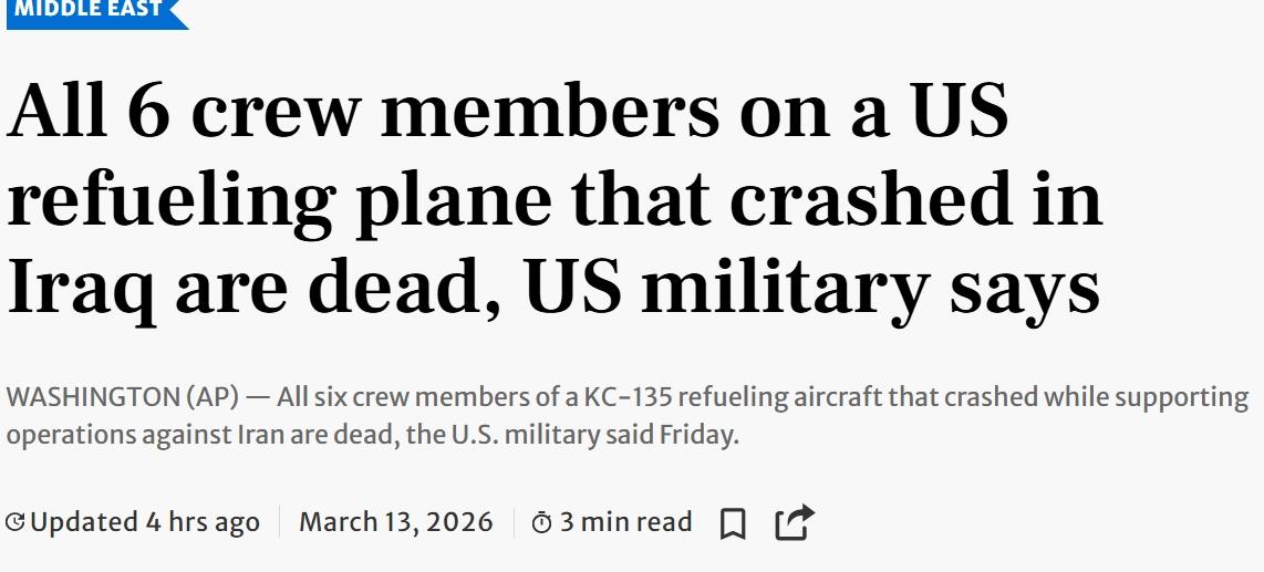 美军证实：一架KC-135空中加油机在伊拉克坠毁，4死2重伤
当地时间周四，美军