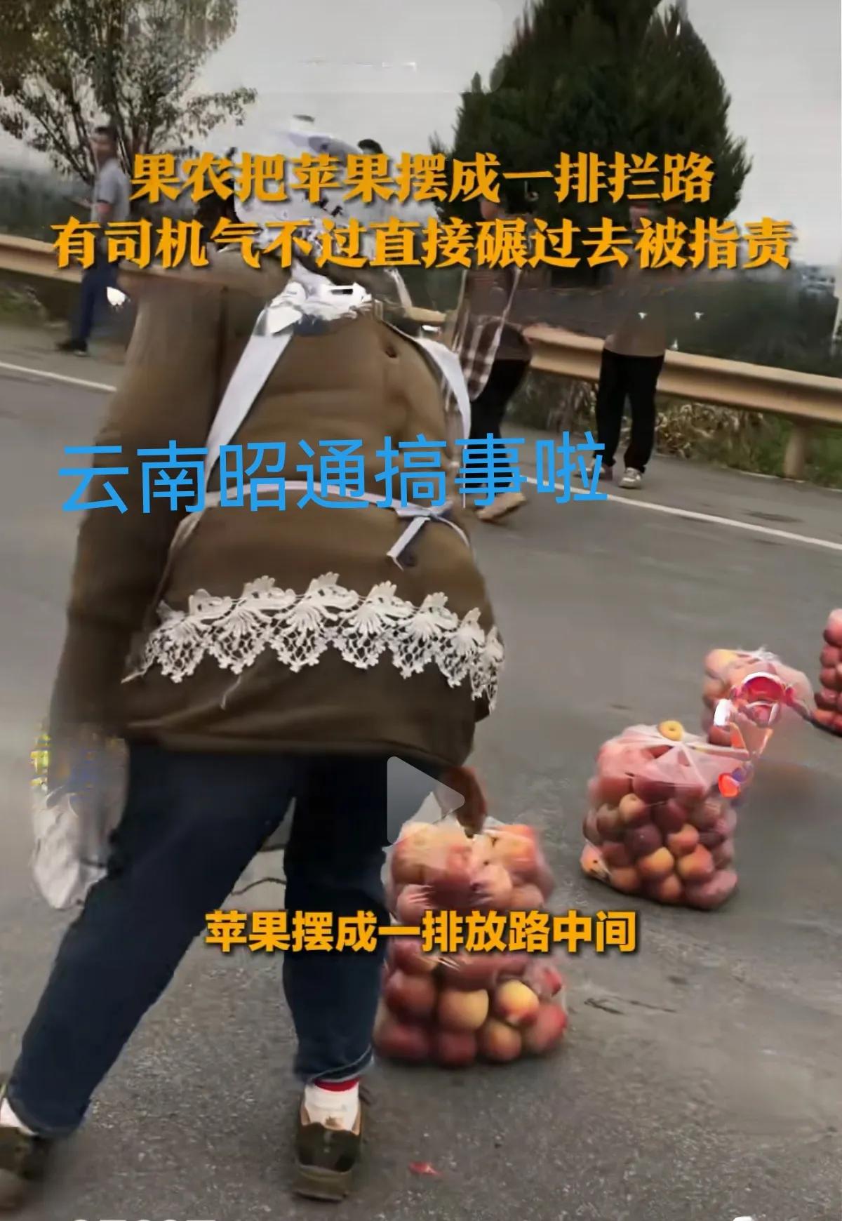 云南昭通强摆苹果挡路，以卖苹果的名义干车匪路霸敲诈勒索的勾当，将整箱整袋的苹果强