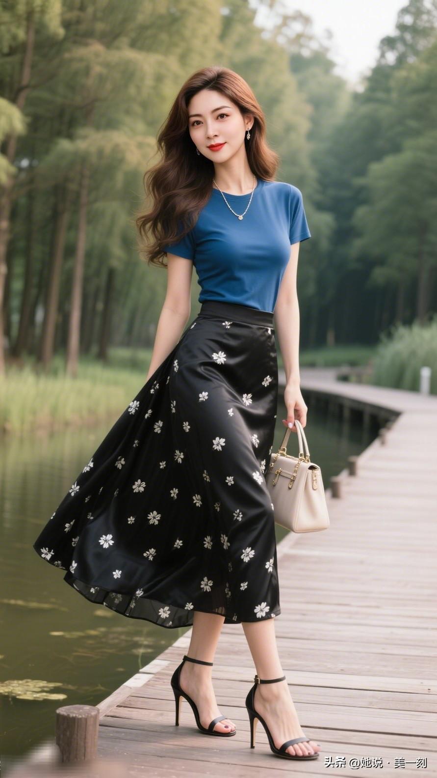 夏日穿搭指南🌿 清新蓝T恤+黑色印花长裙，优雅出街！👗👠什么样的身材是完美