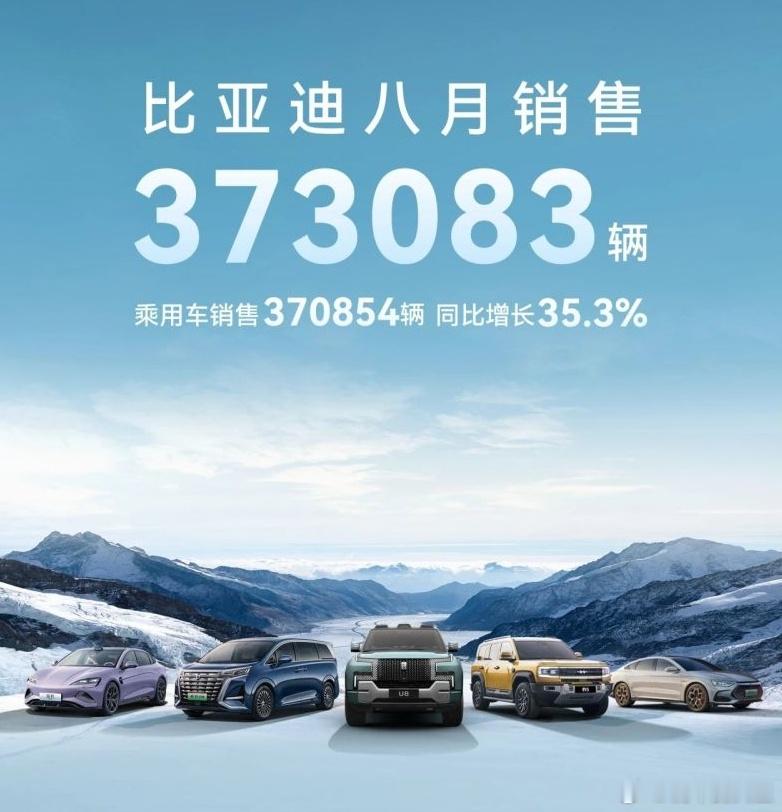 比亚迪在8月再次展示了其作为新能源市场领导者的实力，销量达到373,083辆，同