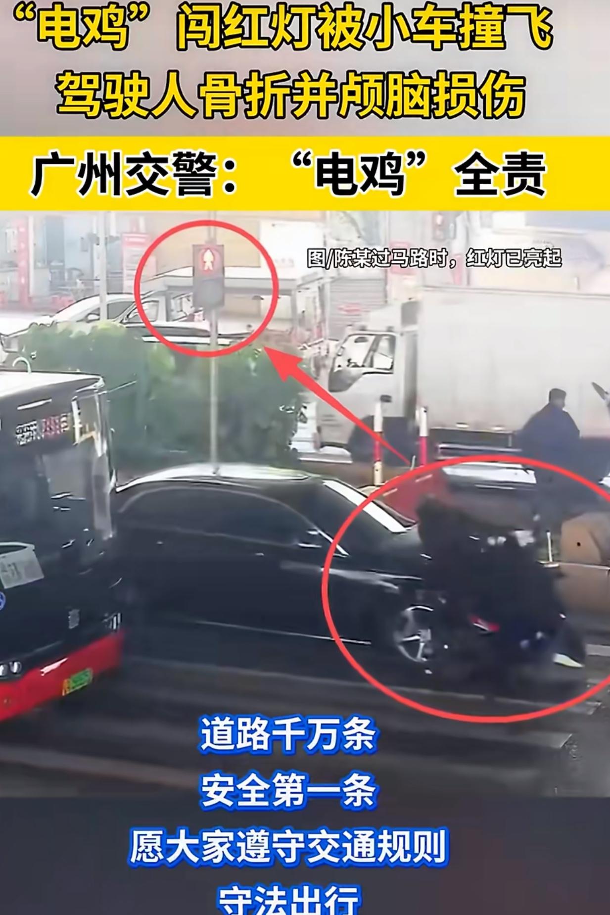 广州白云区一个骑“电鸡”的大哥，因为闯红灯被正常行驶的小车给撞飞了，结果交警判定