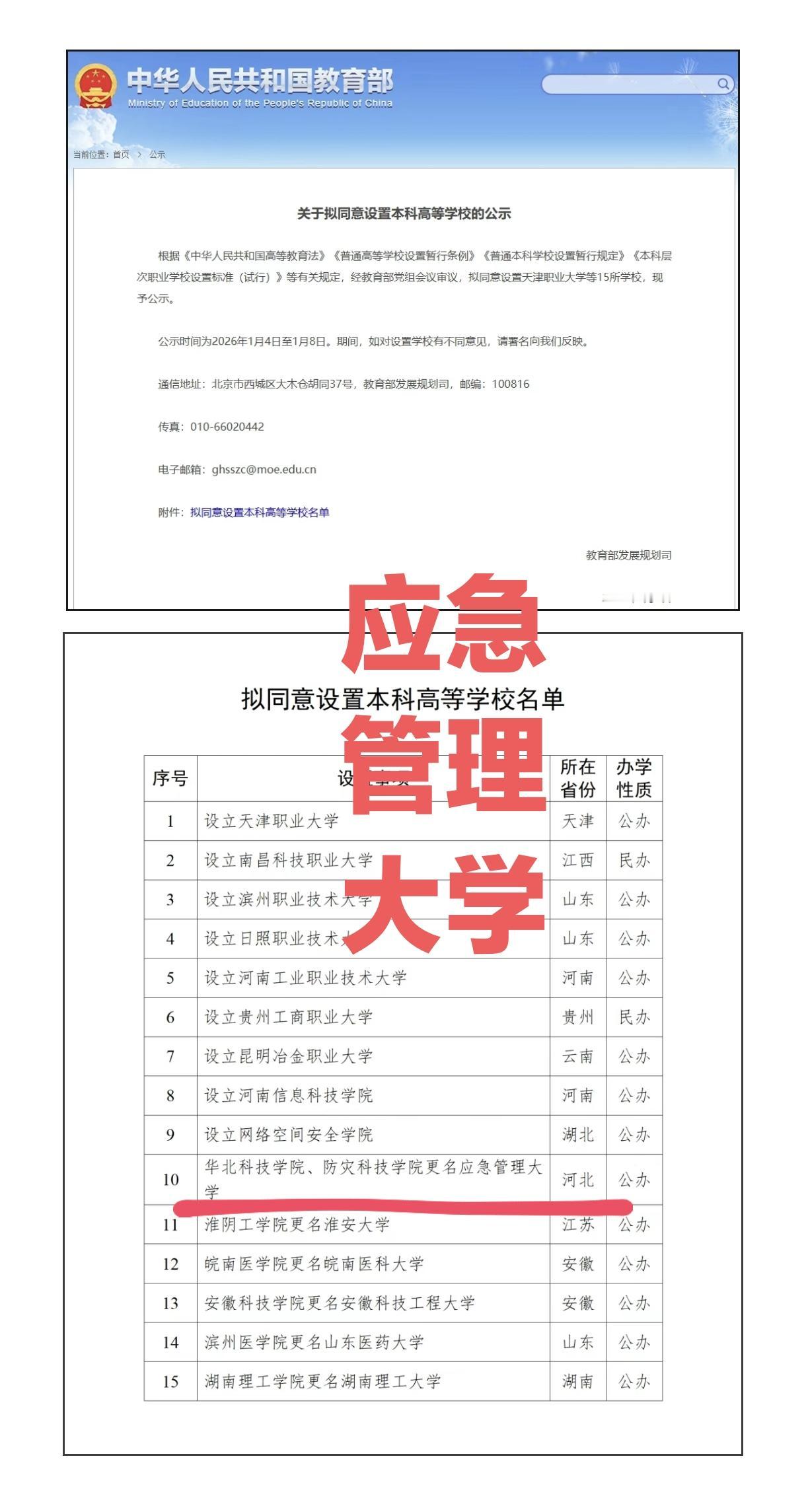 千呼万唤始出来，应急管理大学终于言正名顺了。1月4日新年后上班第一天，教育部发布