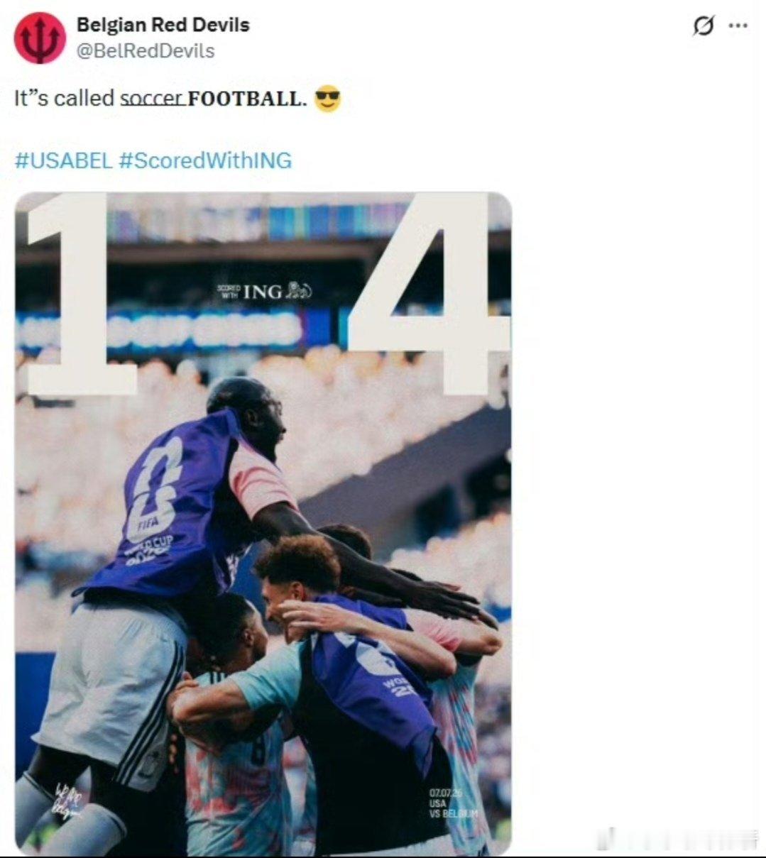 4-1大胜美国顺利晋级！比利时官推赛后玩梗调侃，区分football与socce