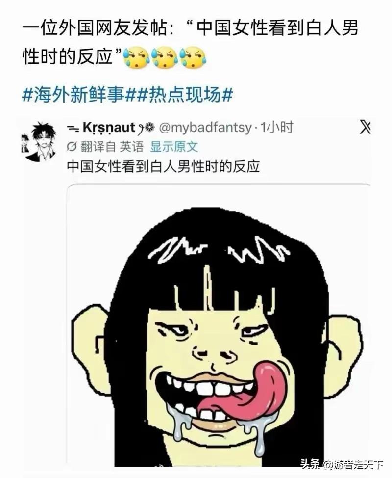 外国人网友发的：国女看到外国人的样子！
配的图非常油腻，且猥琐。
笔者认为，好事
