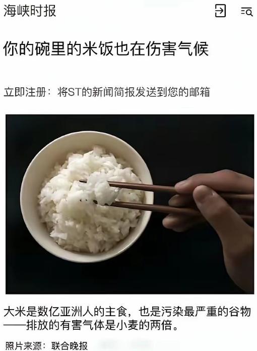 新加坡媒体：你的碗里的米饭也在伤害气候！
 
最近新加坡一家媒体发表了一篇惊掉人