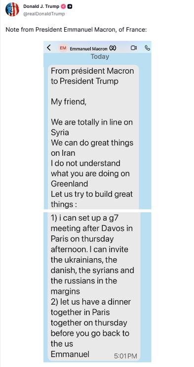 特朗普发布据称来自马克龙的消息，称愿邀请俄罗斯在G7峰会间隙参与对话

消息称：