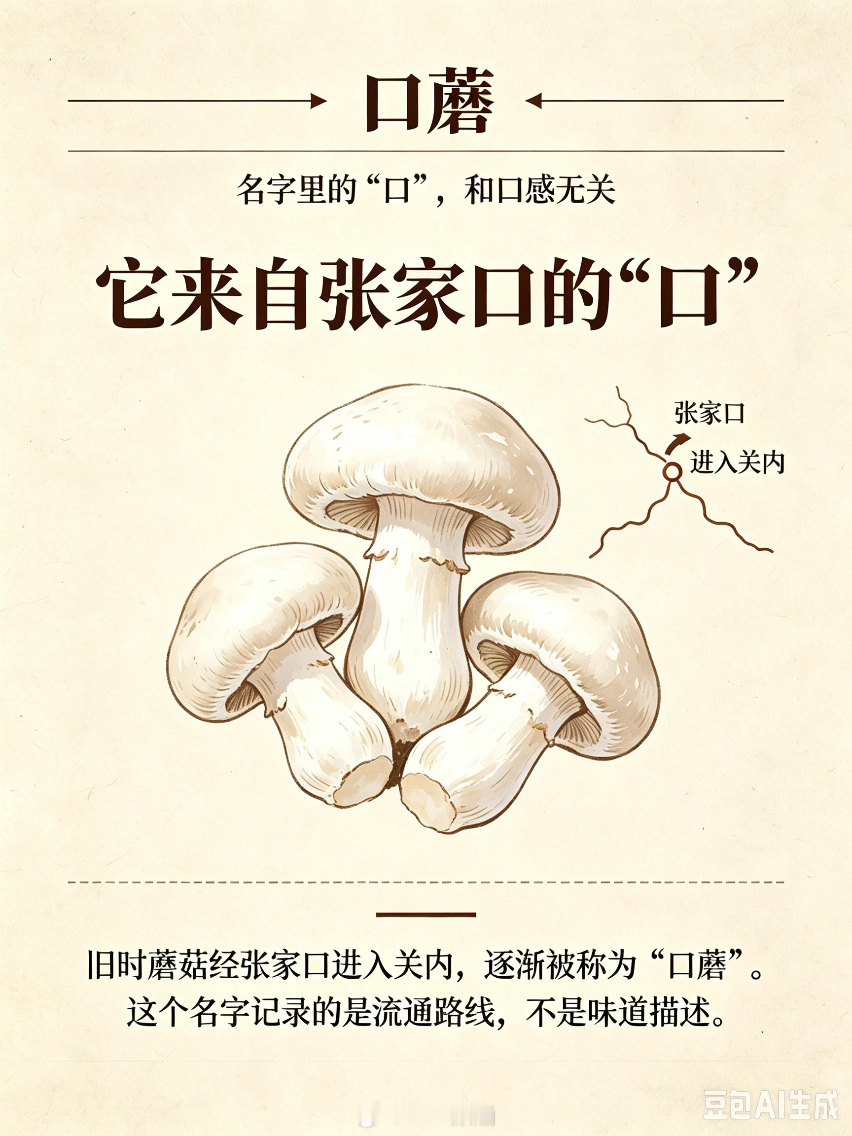口蘑的“口”指的就是张家口。它并非产自张家口本地，而是因为张家口是历史上草原物资