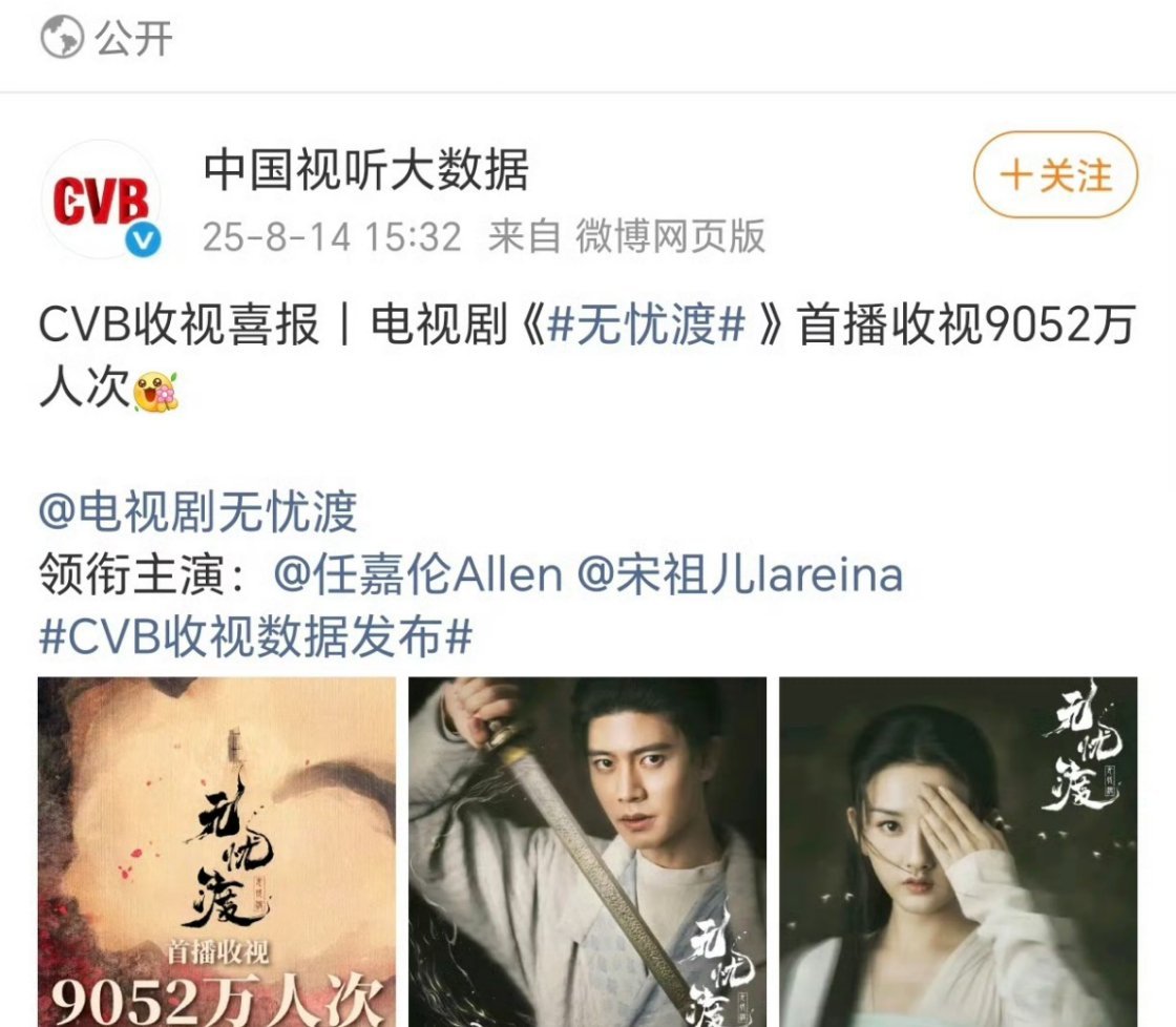任嘉伦宋祖儿《无忧渡》首播收拾人次超9000万！！这剧的观众盘真的很大[彩虹屁]
