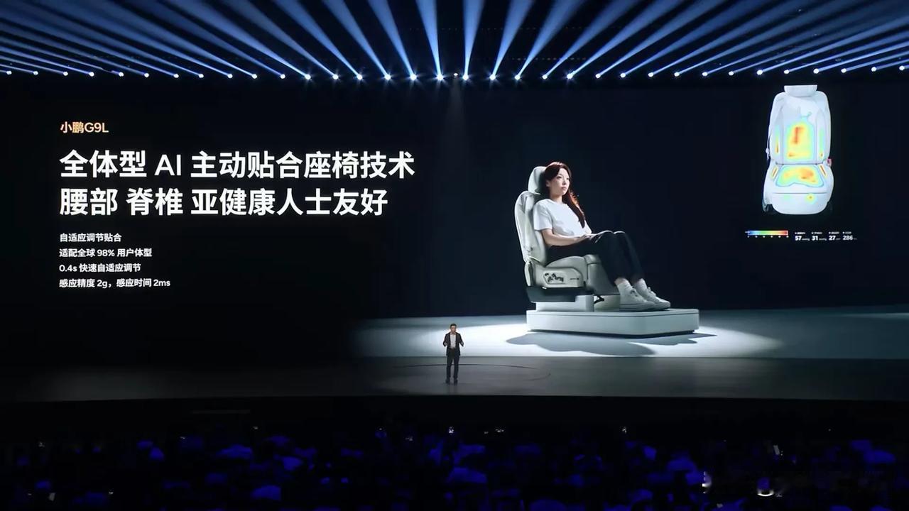 小鹏G9L带来9系旗舰的舒适体验，搭载全体型AI主动贴合座椅，让舒适主动适应每一