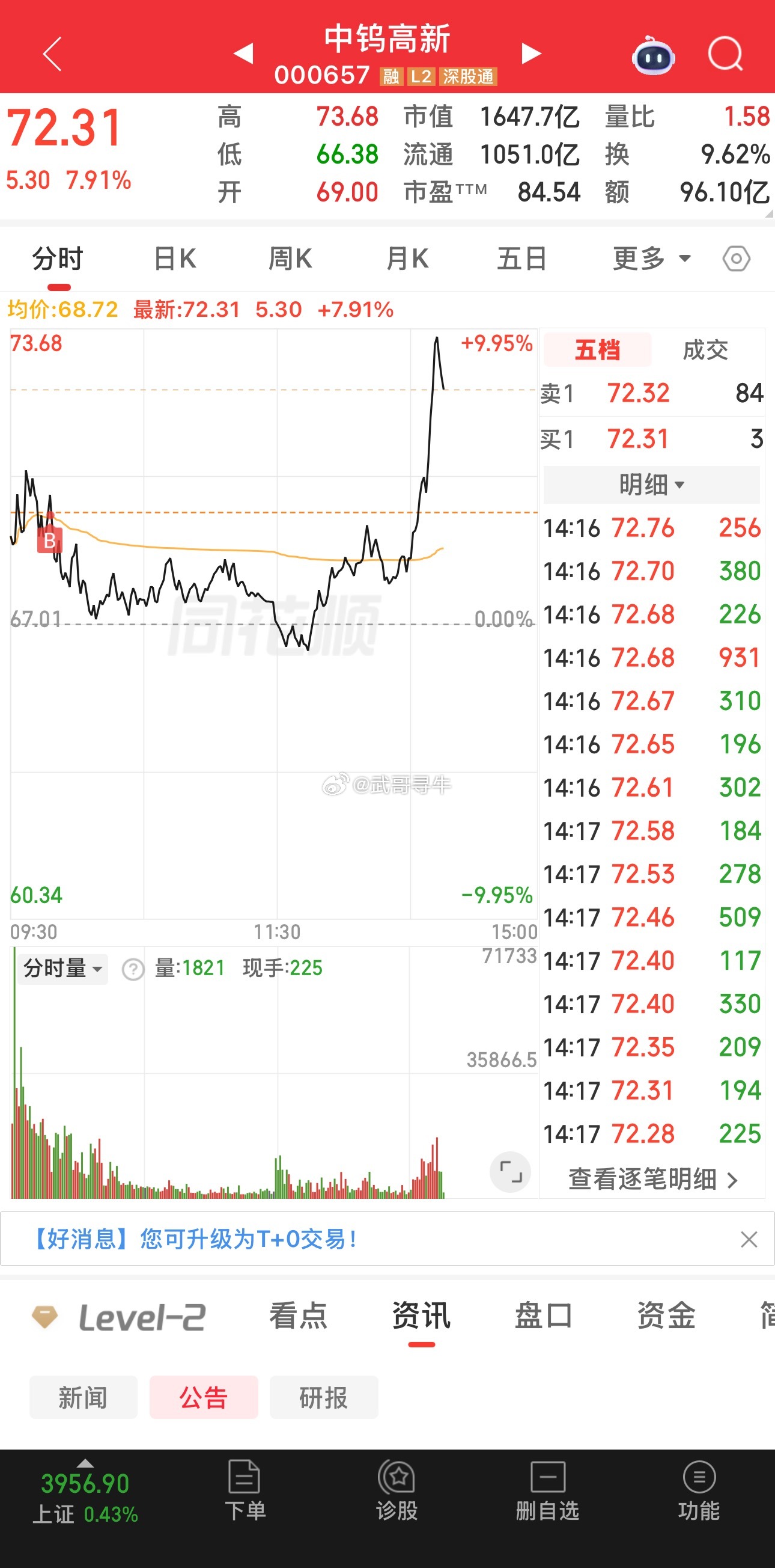 早盘的中钨高新也拉起来了，有没有跟车的，成本都在多少？ 