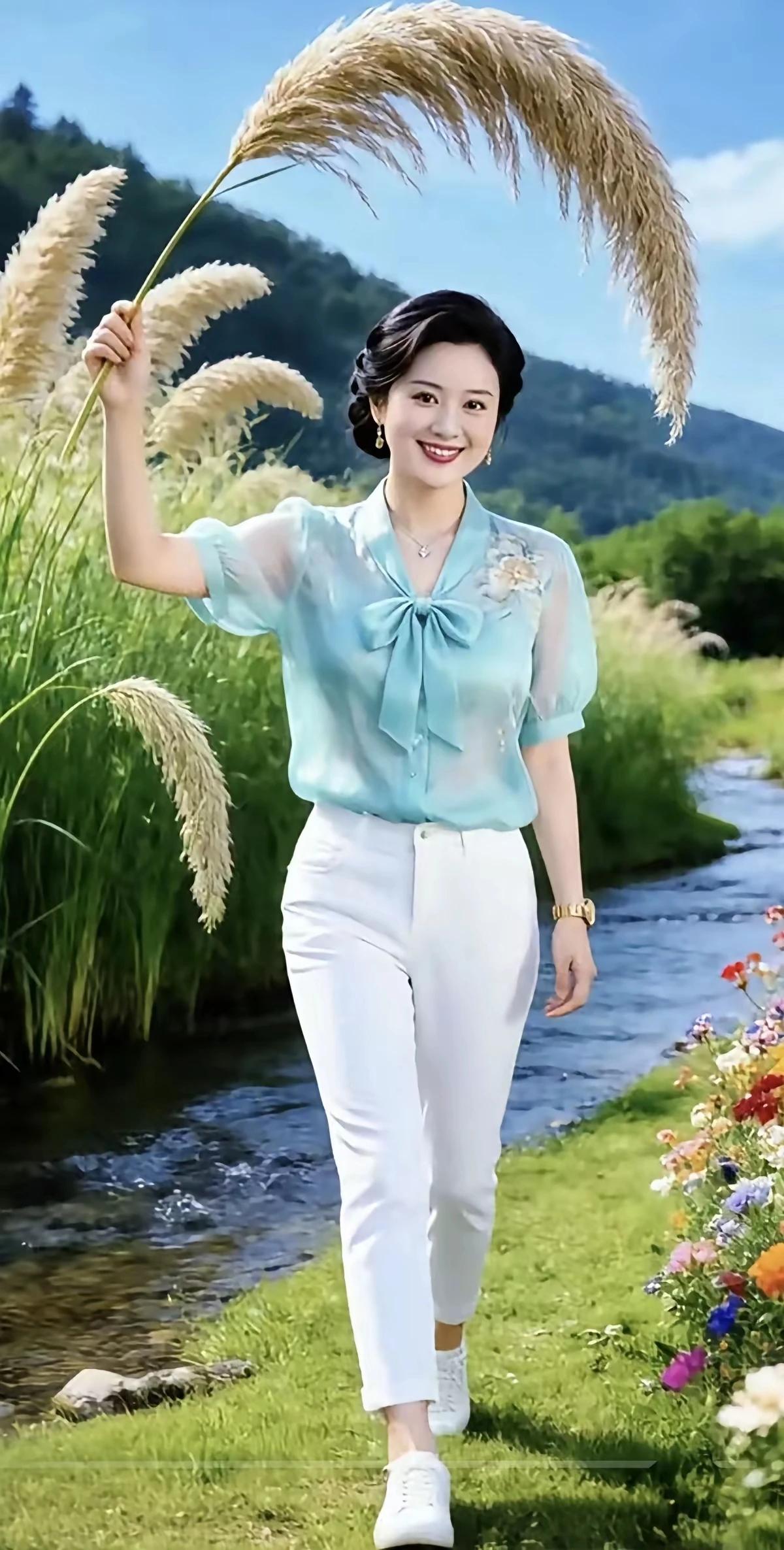 芦苇已经在抽穗，
鲜花渐次失颜色。
小溪涓涓在流淌，
窈窕淑女笑呵呵。