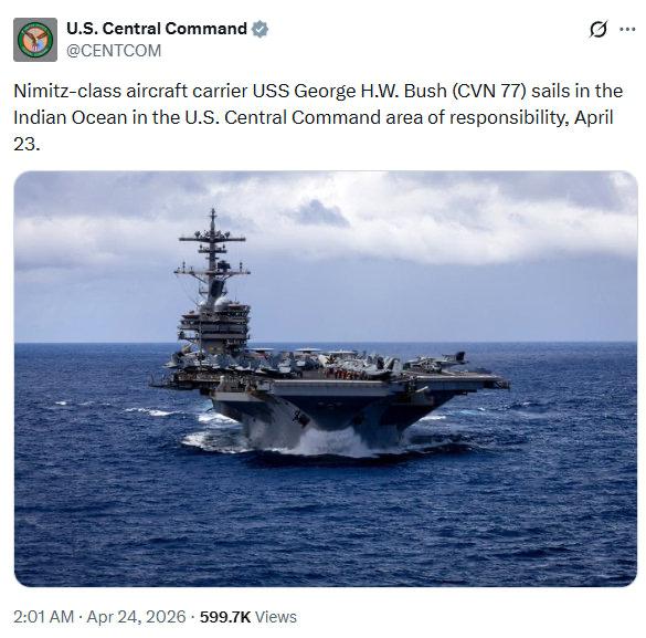 当地时间4月23日，美国中央司令部确认“布什号核动力航母”已进入印度洋海域，正式