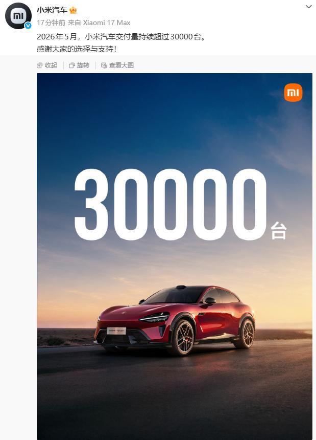 小米汽车连续两个月交付量破3万6月1日，小米汽车官方发布最新交付数据，2026年