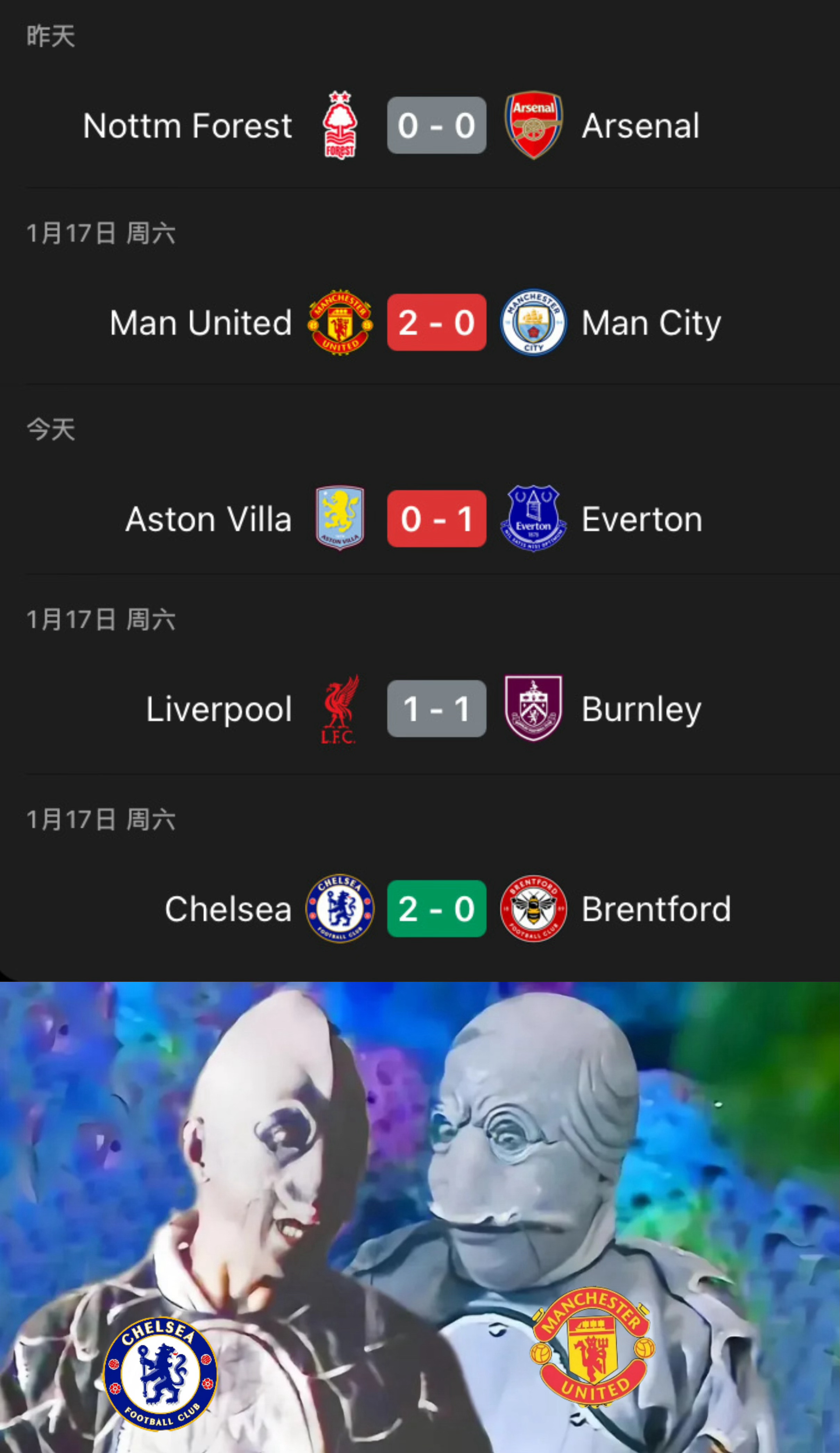 🔴曼联：你说前四的球队一齐掉分是什么意思？🔵切尔西：难道说。。。他们在等咱们