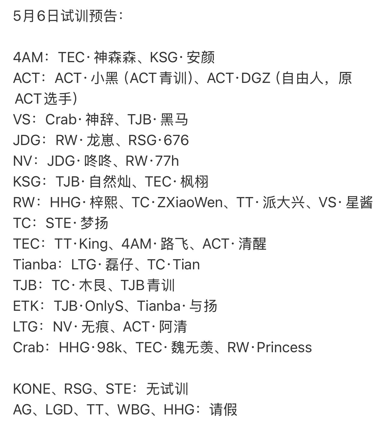 今日试训，RSG、TC 请假2026pel夏季转会期