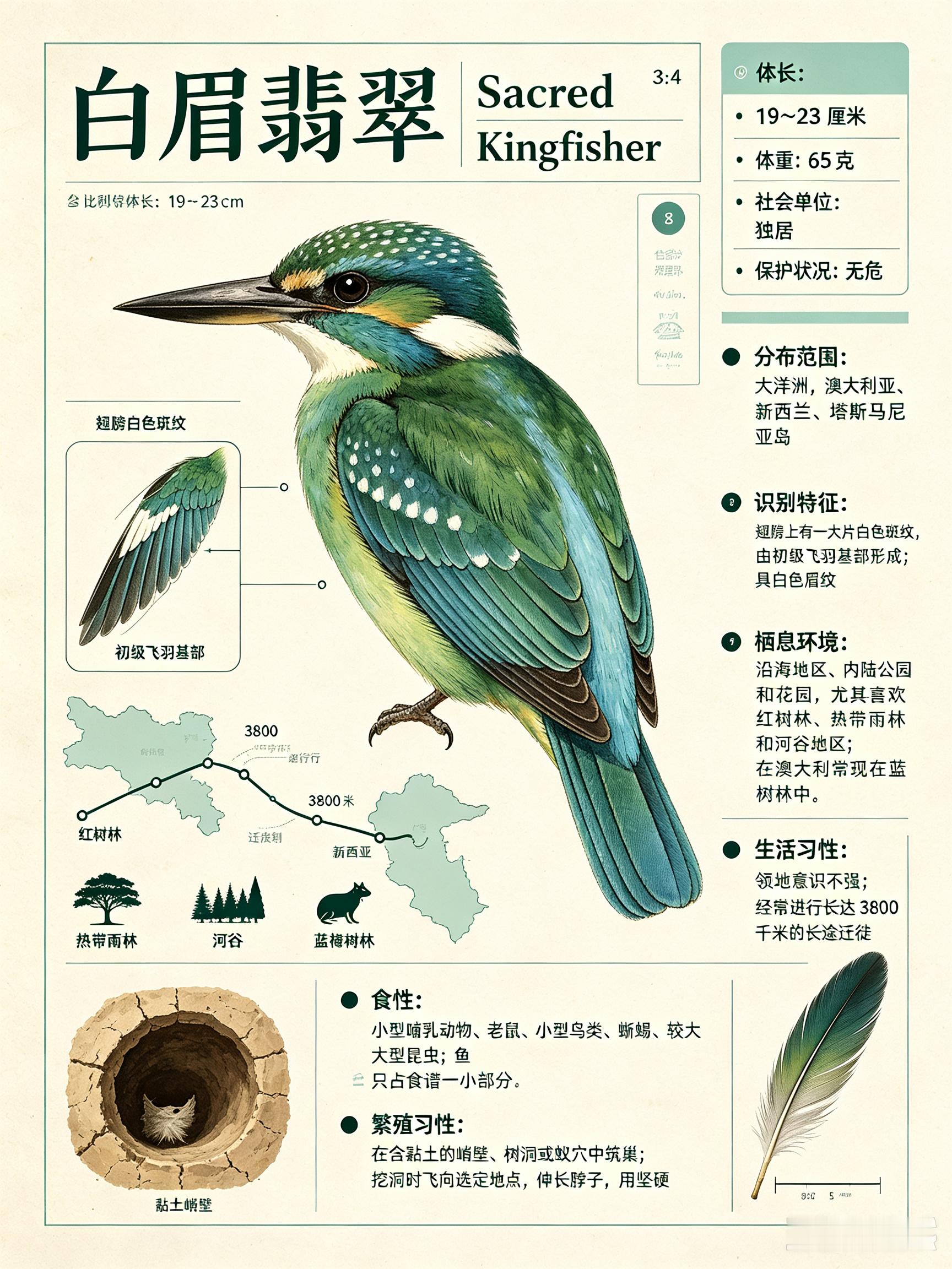 鸟类朋友图鉴 白眉翡翠体长：19~23 厘米体重：65 克社会单位：独居保护状况