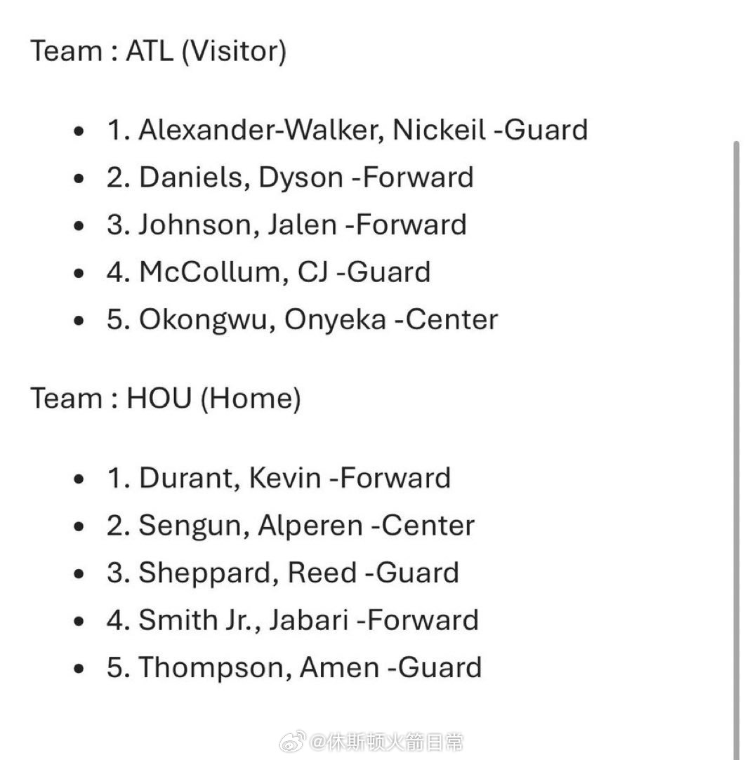 老鹰首发：CJ、沃克、丹尼尔斯、杰伦约翰逊、奥孔古老鹰vs火箭休斯顿火箭NBA点