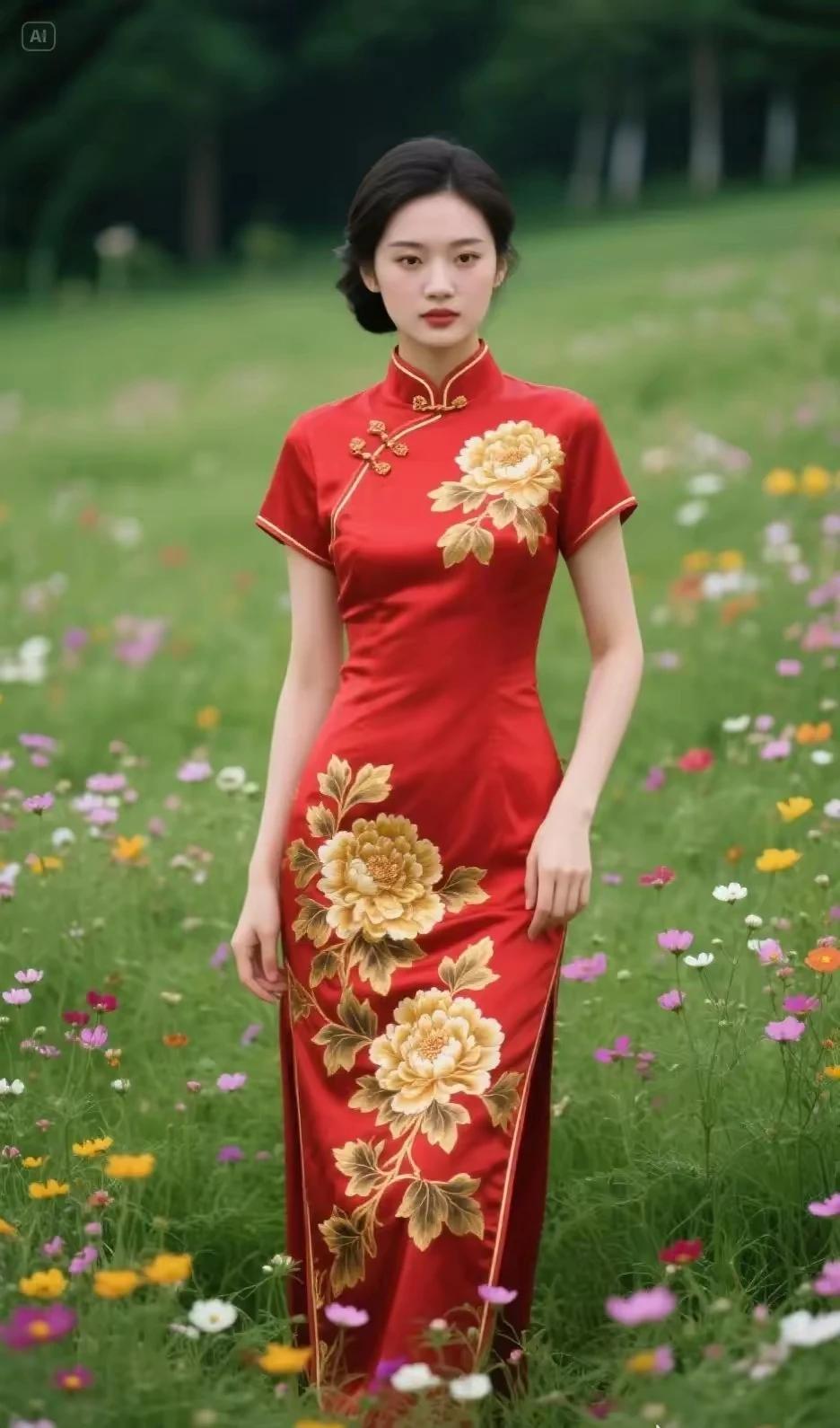 绿色草地，红色旗袍
窈窕淑女，君子好逑
出水芙蓉，亭亭玉立
眉清目秀，面若冠玉