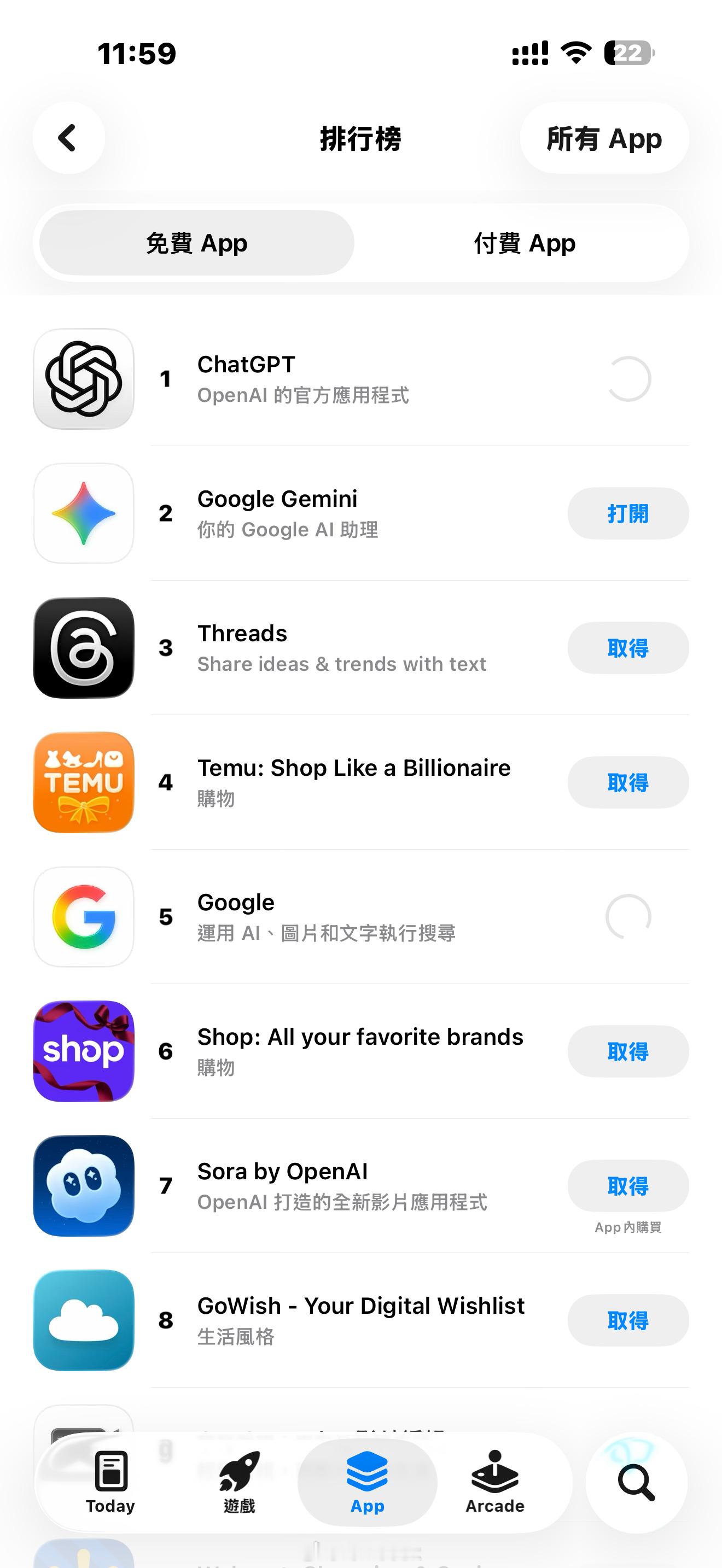 苹果App Store排行榜前20居然有5个谷歌全家桶，哈哈哈哈另外，前11名有