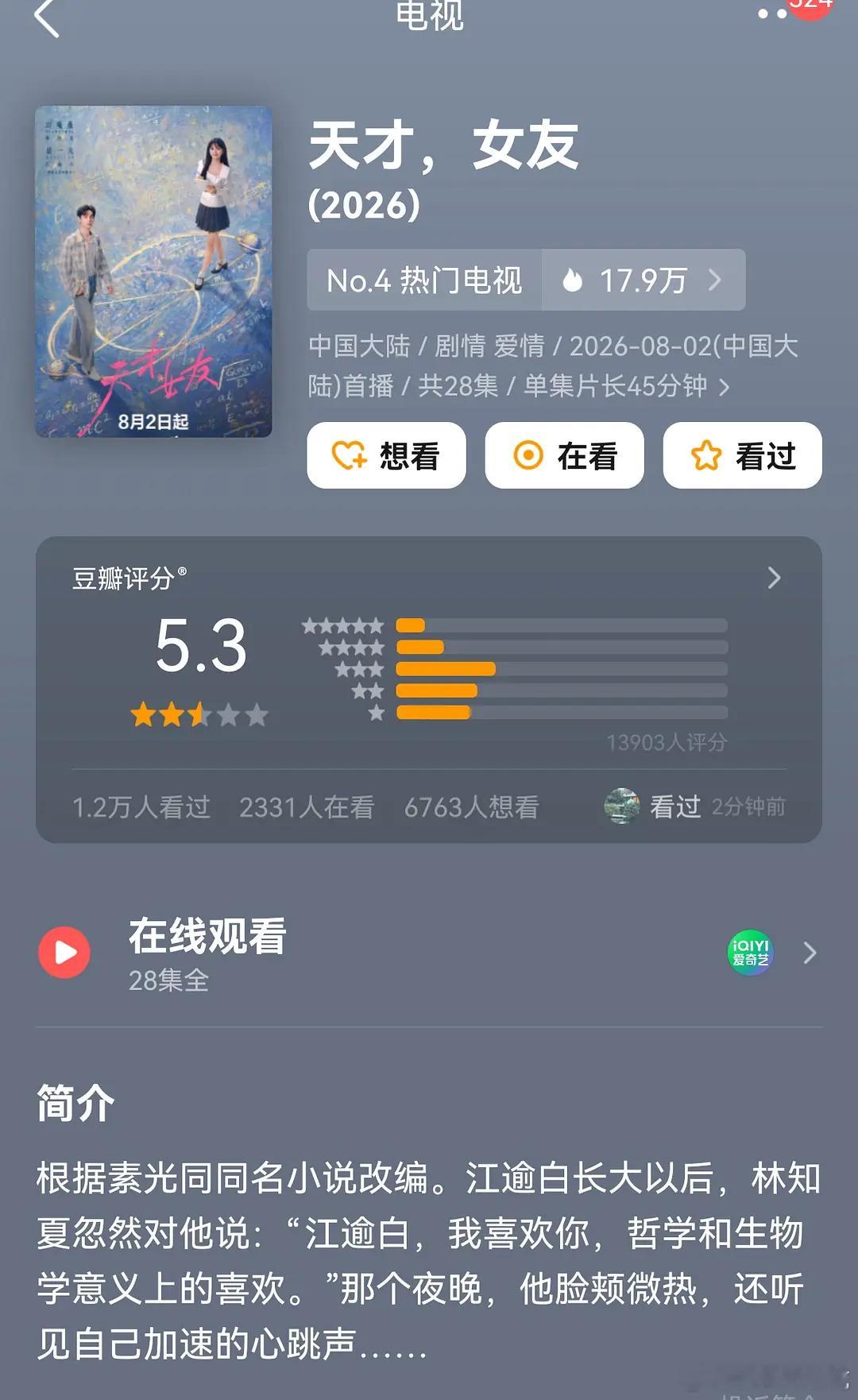 田曦薇胡一天《天才女友》开分5.3，这评分是高了还是低了？而且看这个打分人数不多
