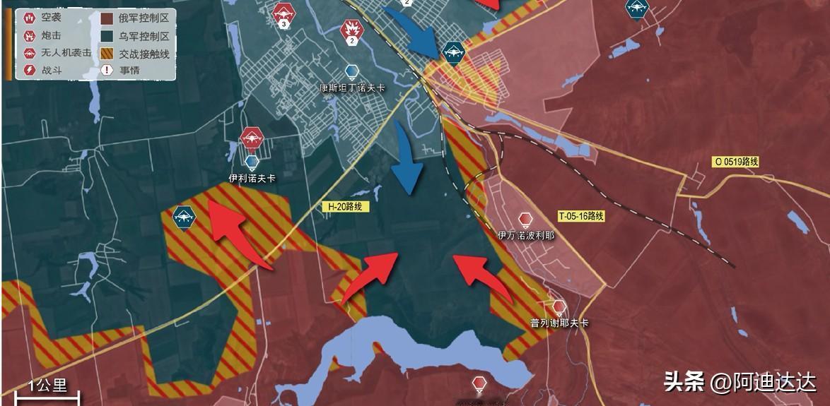 在康斯坦丁诺夫卡地区，俄方继续将俄军小股突击小组投入建筑区，以侦测乌军的火力点。