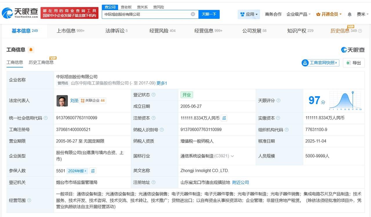 中际旭创近一年成立多家新公司

中际旭创商业版图盘点A股万亿科技巨头诞生
据媒体