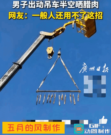 广东河源这位大哥真是脑洞大开

为了防小偷防狗子偷腊肉

直接出动自家的吊车
