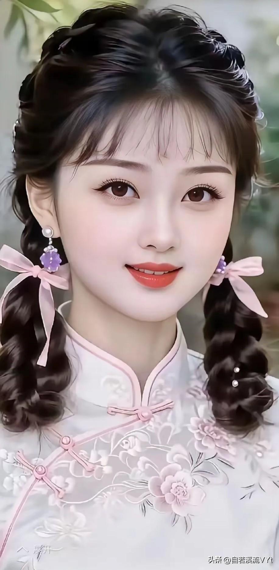 南乡一剪梅·粉韵旗袍
 
双辫系轻绸，浅粉旗袍缀软柔。杏眼含春唇映艳，眉也清幽，