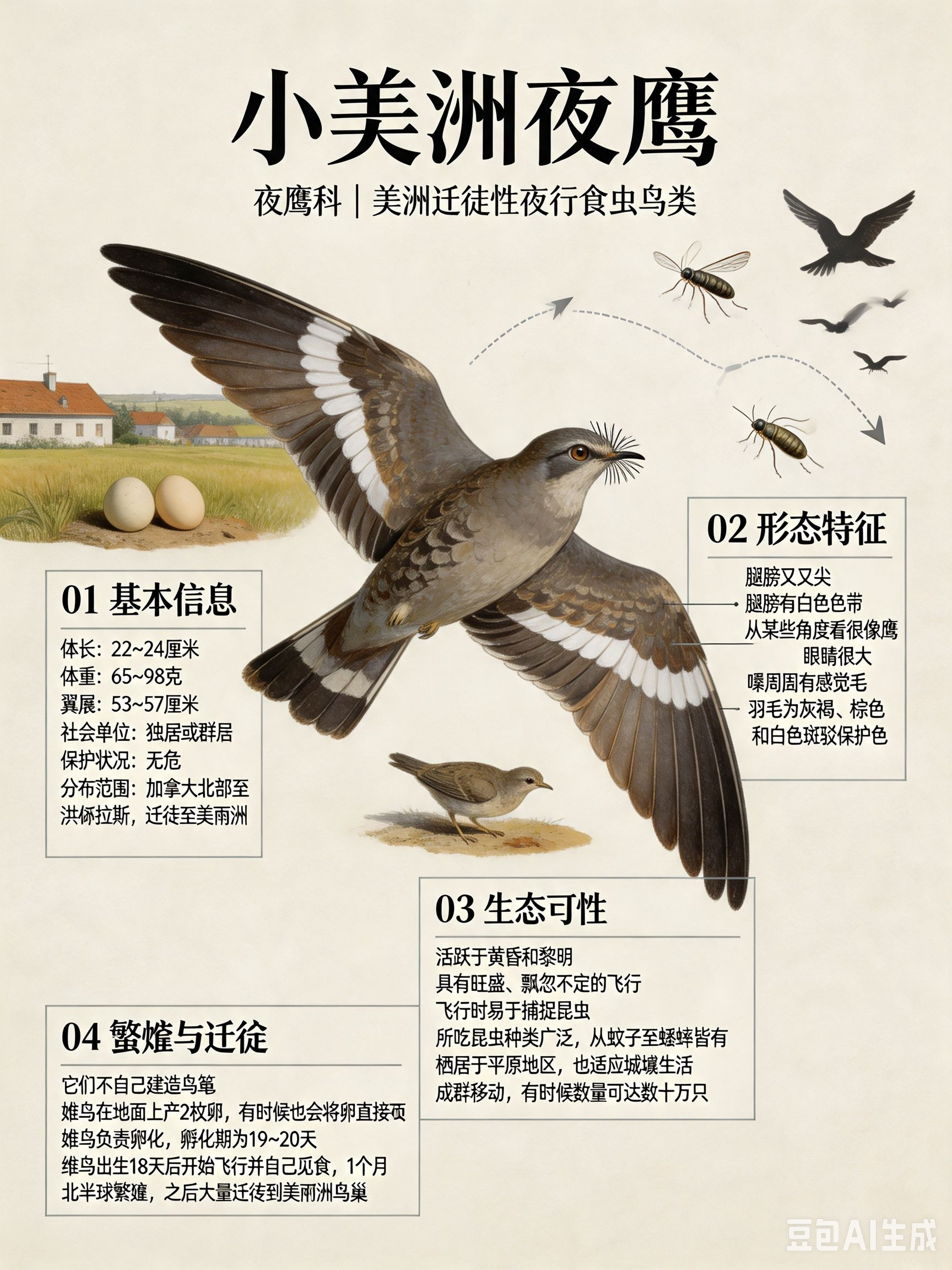 鸟类朋友图鉴 小美洲夜鹰体长：22~24 厘米体重：65~98 克翼展：53~5