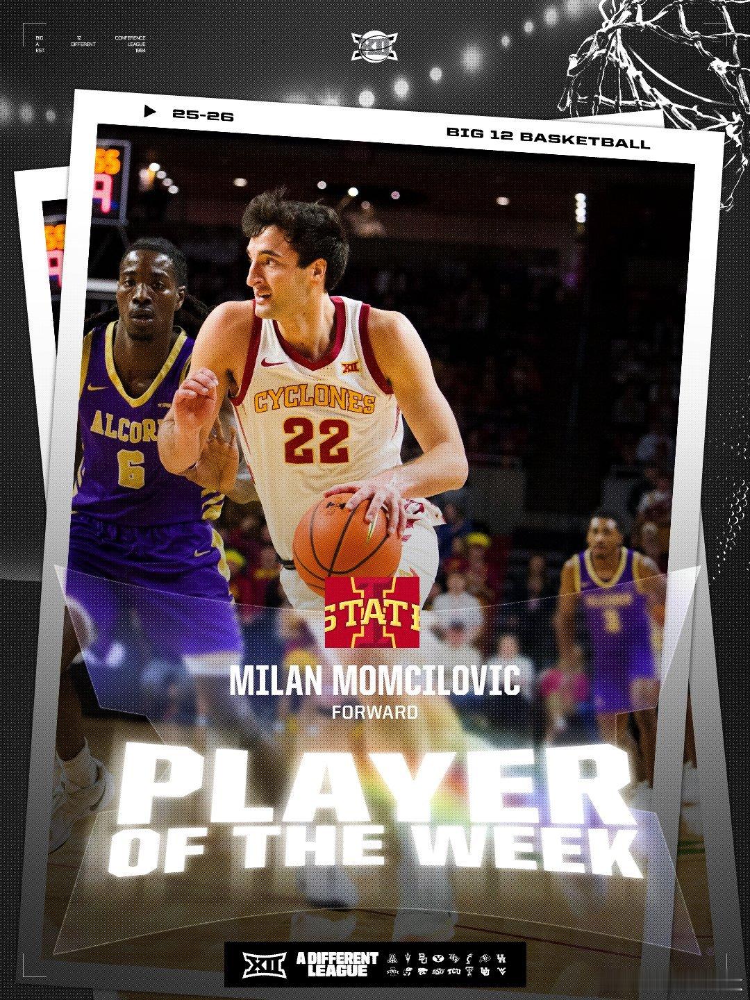 Big 12联盟第5周表现奖（2025-2026赛季）。 最佳球员：Milan 