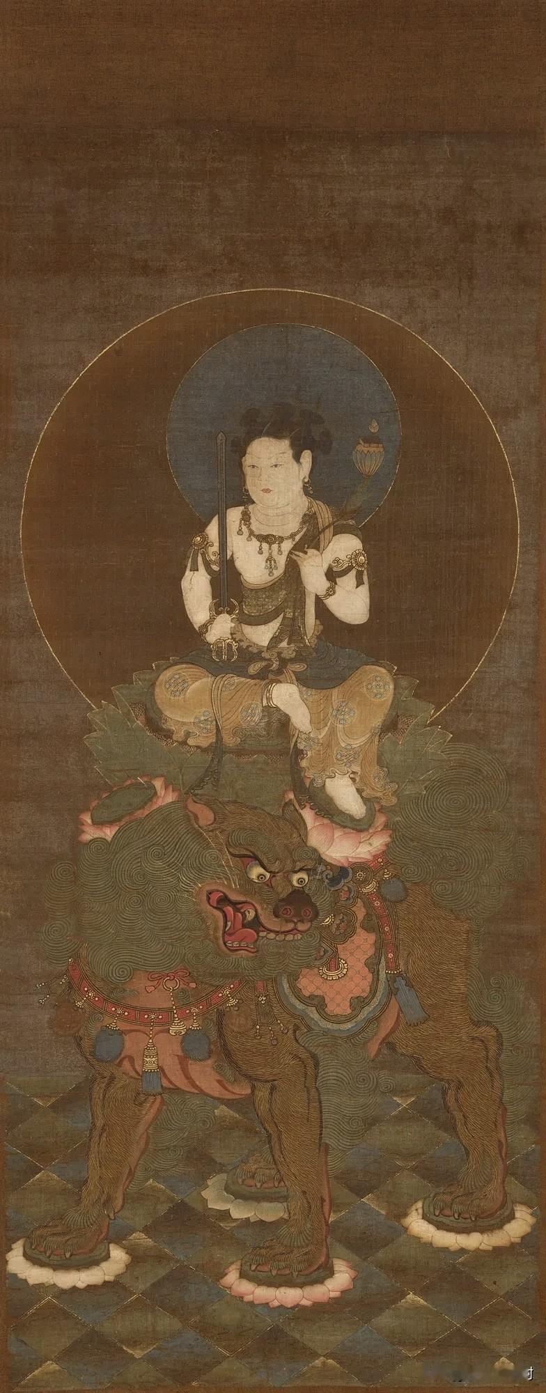 古绢五髻文殊像｜骑狮执智慧利剑，专治迷茫焦虑
 
这幅是古绢本五髻骑狮文殊菩萨古