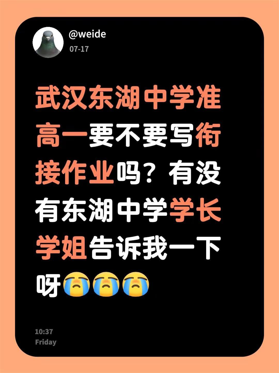 求助求助。武汉东湖中学准高一要不要写衔接作业吗？有没有东湖中学学长学姐告诉我一下