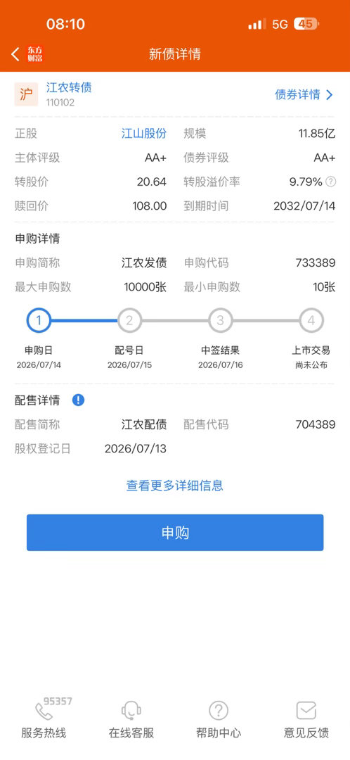 今日申购提醒 可转债：江农转债 