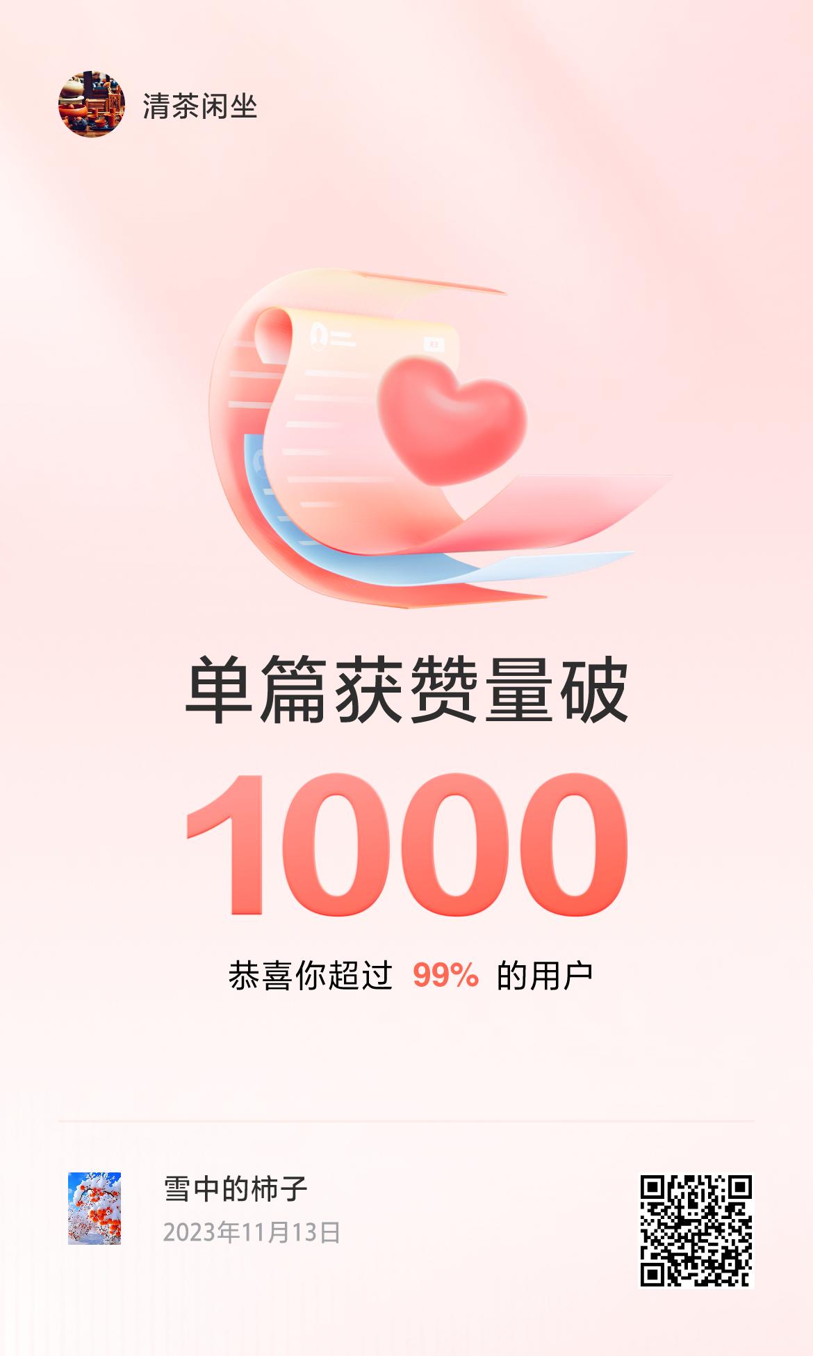 🔥我创作的单篇内容获得超过1000赞了！谢谢务位师友的捧场