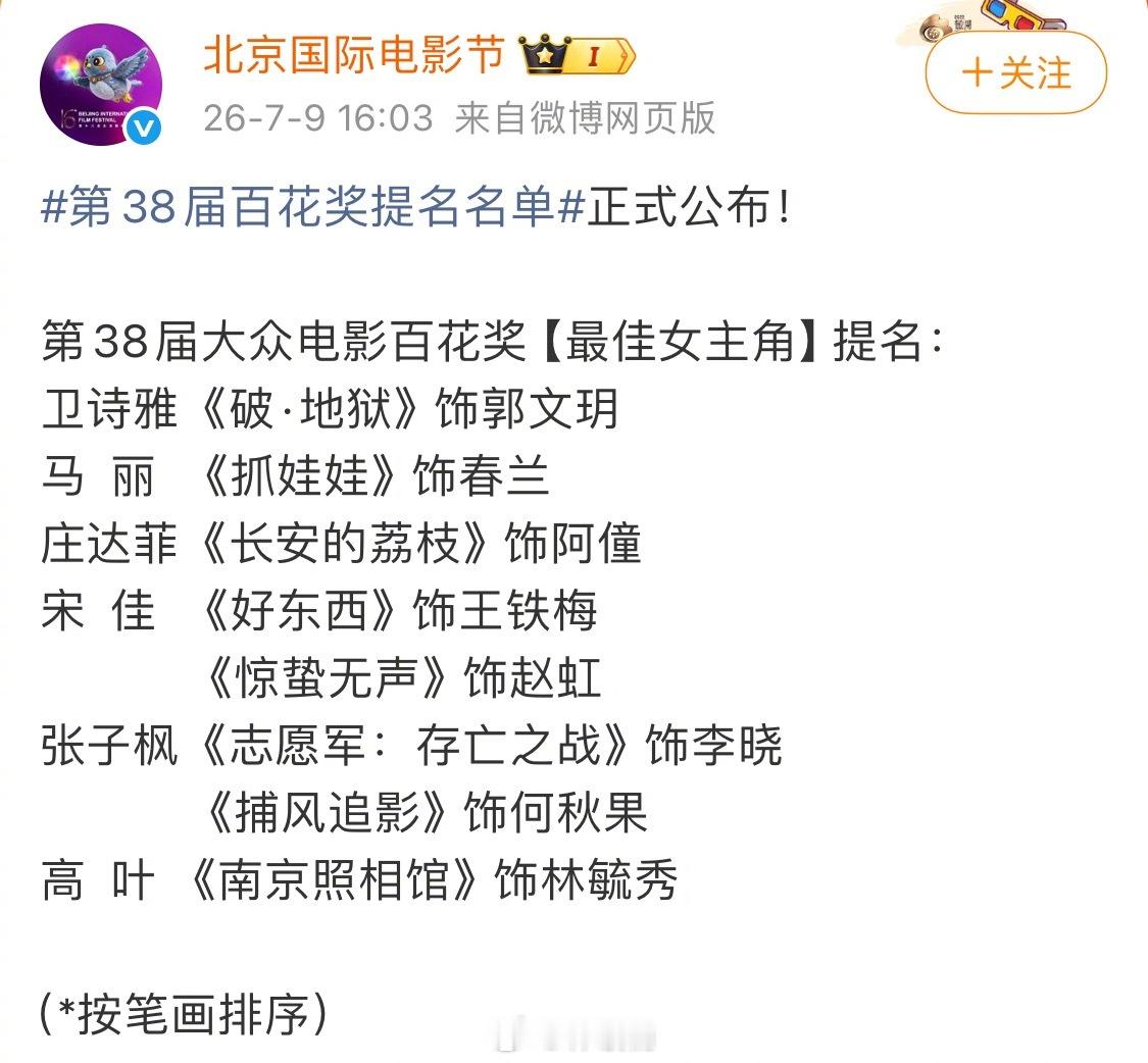 百花奖 最佳女主竞争好激烈！！卫诗雅 马丽 庄达菲 宋佳 张子枫 高叶 第38届