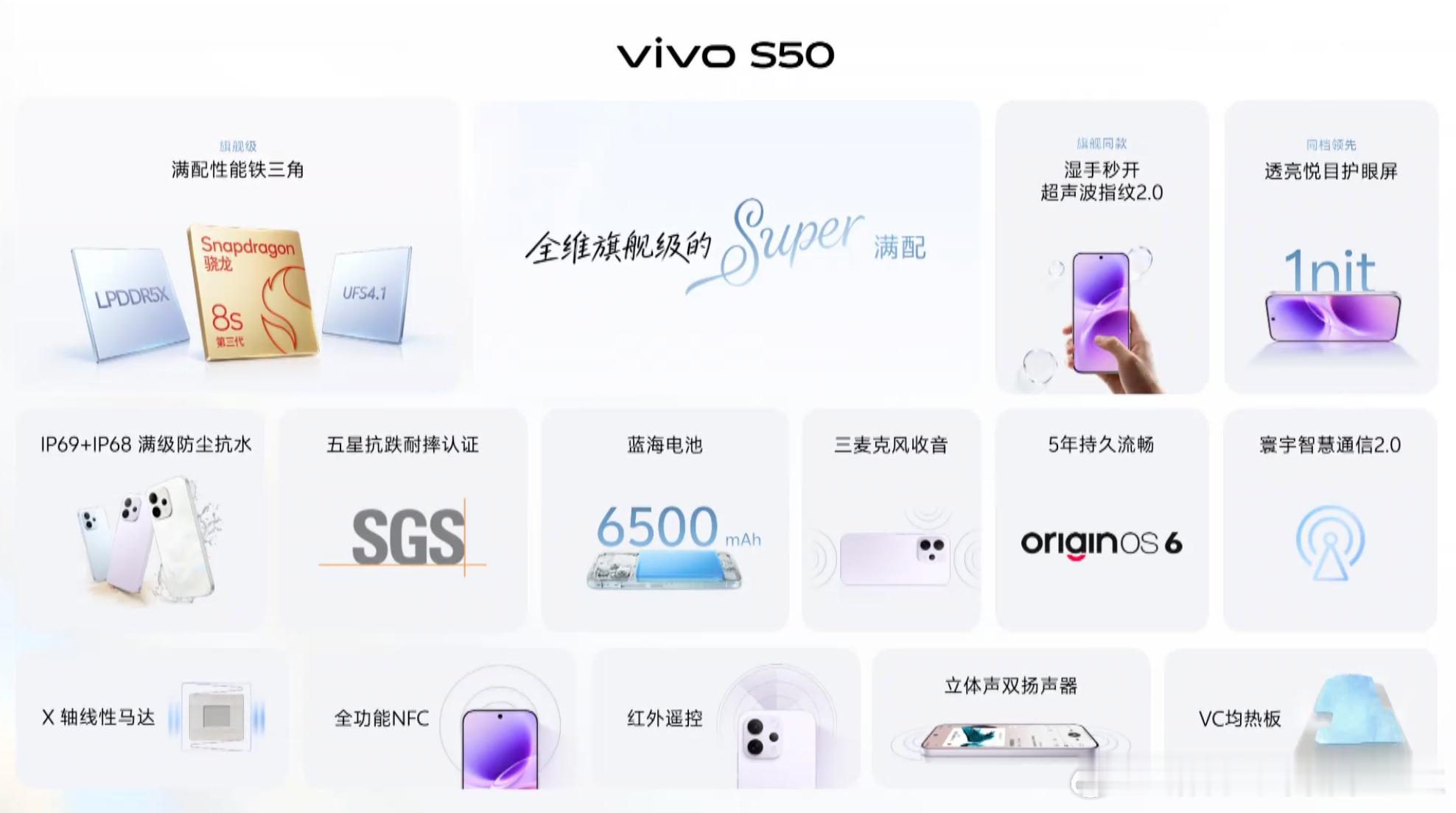 vivo S50标准版配置也很顶，给上了超声波指纹6.59英寸1nit屏幕，骁龙
