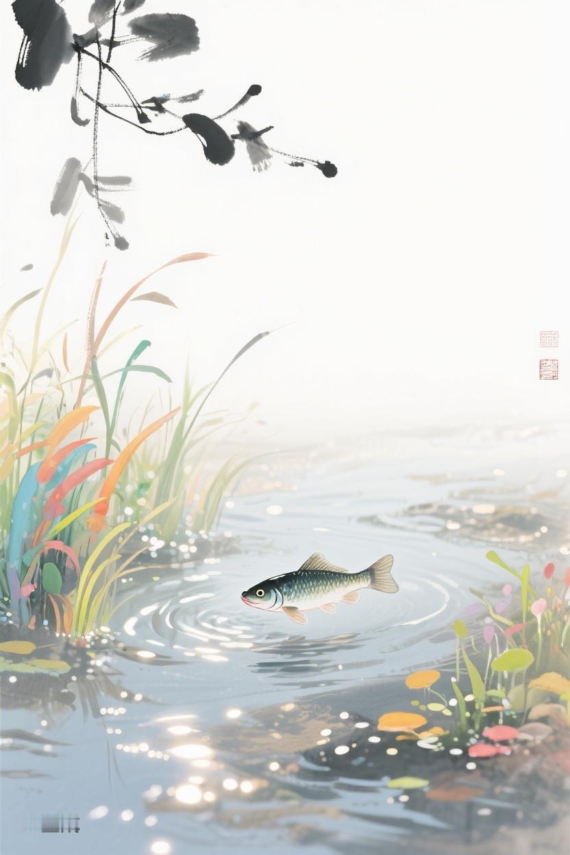 AI随心绘灵动的鱼儿跃出水面，激起层层涟漪，在这小天地里，感受自然的悠然与生机✨